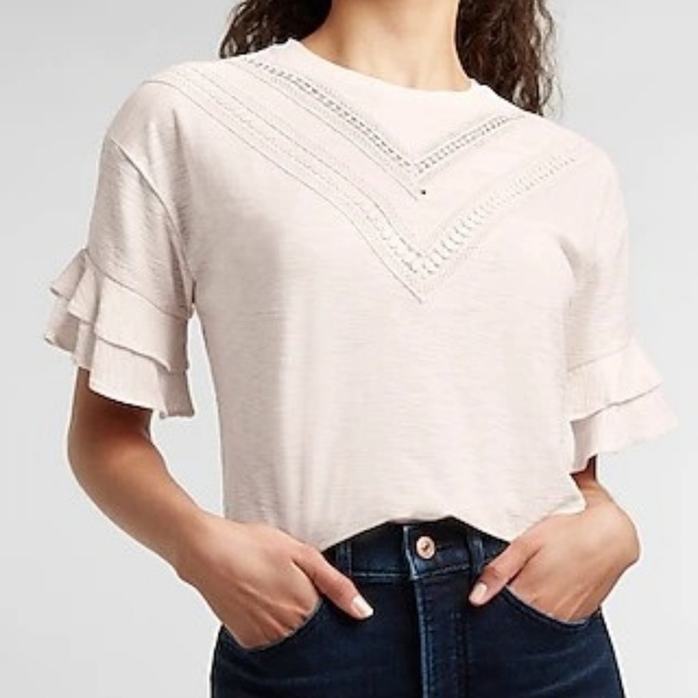 NWT EXPRESS Lace Inset Ruffle Sleeve Tee Size: L Color: PALE PEONY